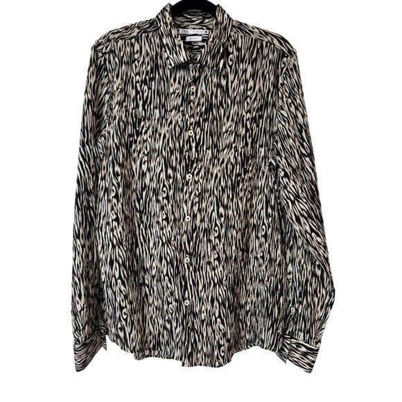 2/$30 Zara Size M Womens Zebra Choc Brown Black Ivory Print Button-Up Blouse - Picture 1 of 10